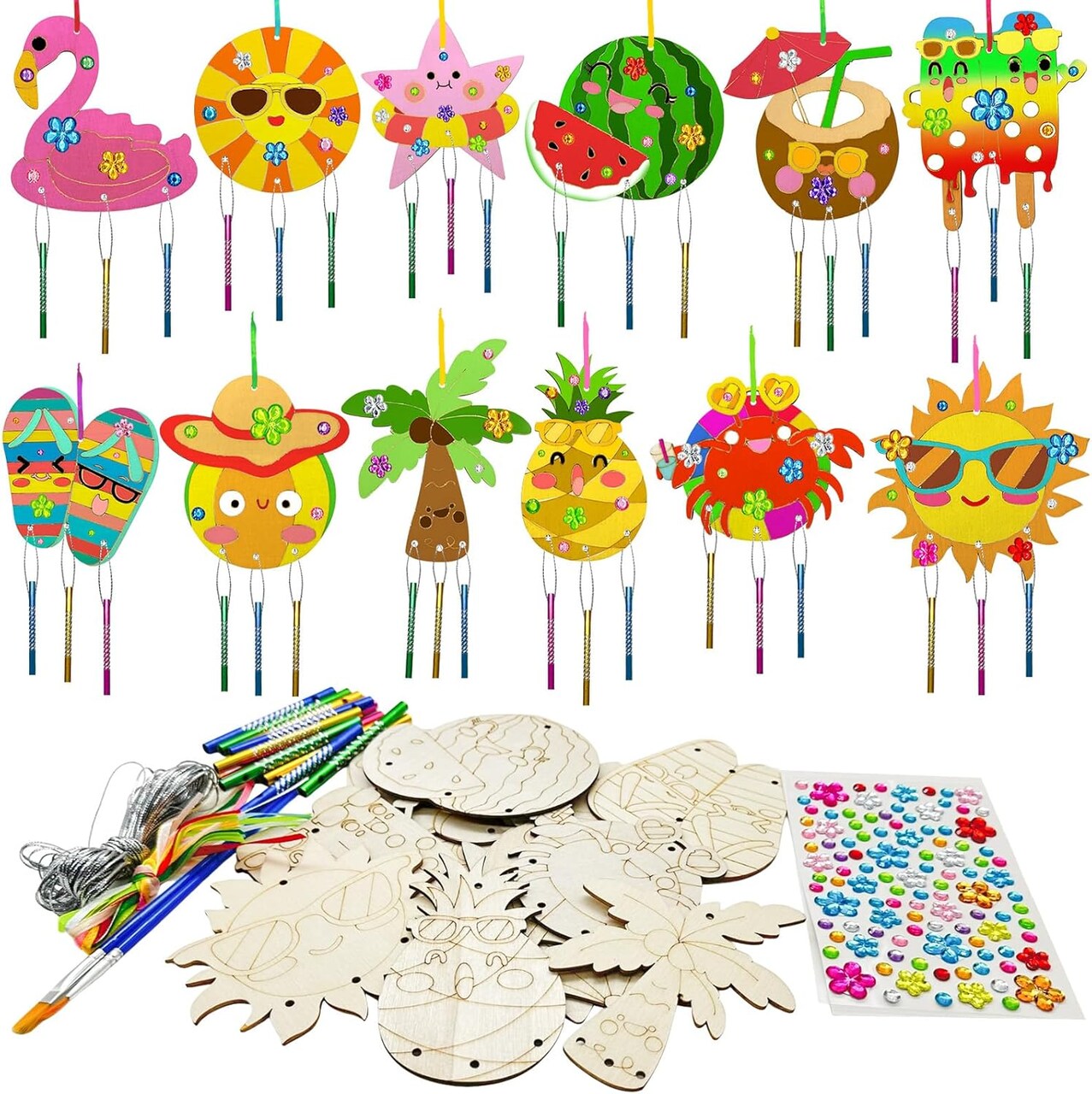 12 Pack Summer Beach Activities for Kids,Paint Pool Party Favors Pineapple Flamingo Craft Wind Chime Kit Wooden Paint Arts DIY Coloring Craft for Summer Luau Hawaii Party Art Activity Supplies